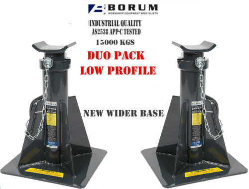 Features
Paint is oil, grease and dirt-resistant for easy cleanup
High strength locking pin
Controlled pin holes for easy height adjustments
Turned post slide for easy quick adjustments
Heavy-gauge steel Gusseted uprights prevent distortion or twisting
Rugged base provides plenty of stability
Conveniently located carry handle
Manufactured from high-grade steel and built to exacting standards for quality and durability
Lead-free paint finish is applied after a thorough chemical wash to ensure a long-lasting finish and to help prevent rust

Specifications
Weight: 23.5kg (each)
Maximum Height: 631mm
Minimum Height: 445mm
Adjustable increments: 60mm
Saddle Width: 140mm
Base Dimensions: 300 x 330mm
Carton: 470 x 380 x 380mm (Single unit)
Safe Working Capacity: 15,000kg (individually rated)