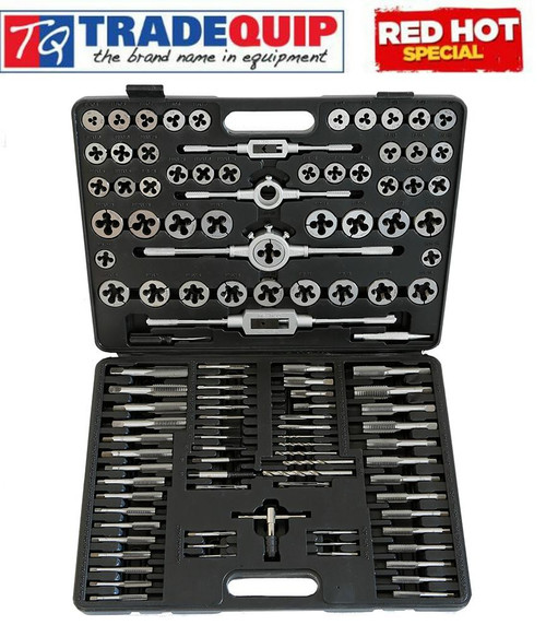 Features:
Precision ground
Contains most popular sizes
Heat treated and hardened
Tungsten steel construction
Compartmentalised storage case
Cuts and renews external and internal threads to exacting standards
 
Sizes:
Die Sizes (48pce):
4-40, 5-40, 6-32, 8-32, 10-24, 10-32, 12-24, 1/4 -20, 1/4 -28, 5/16-18, 5/16-24, 3/8-16, 3/8-24, 7/16-14, 7/16-20,
1/2-13, 1/2-20, 9/16-,12, 9/16-18, 5/8-11, 5/8-18, 3/4-16, 2x0.4, 3x0.5, 4x0.7, 5x0.8, 6x1.0, 7x1.0,
8x1.8, 8x1.25, 9x1.25, 10x1.0, 10x1.25, 10x1.5, 11x1.5, 12x1.75, 12x1.25,14x2.0, 14x1.5 16x2.0, 16x1.5
18x1.25, 18x1.5, 1/8NPT27, 1/8BSP, 1/4NP18, 1/4BSP19
Tap Sizes (48pce):
4-40, 5-40, 6-32, 8-32, 10-24, 10-32, 12-24, 1/4 -20, 1/4 -28, 5/16-18, 5/16-24, 3/8-16, 3/8-24, 7/16-14, 7/16-20,
1/2-13, 1/2-20, 9/16-,12, 9/16-18, 5/8-11, 5/8-18, 3/4-16, 2x0.4, 3x0.5, 4x0.7, 5x0.8, 6x1.0, 7x1.0,
8x1.8, 8x1.25, 9x1.25, 10x1.0, 10x1.25, 10x1.5, 11x1.5, 12x1.75, 12x1.25,14x2.0, 14x1.5 16x2.0, 16x1.5
18x1.25, 18x1.5, 1/8NPT27, 1/8BSP, 1/4NP18, 1/4BSP19
2x Die Handles, 2x Tap Wrenches, 1x T-Type Tap Wrench
2x Screw Pitch Gauges, 1x Centre Punch, 1x Screwdriver
Drill Bits 5pce: 2.5, 3.3, 4.2, 5, 6.8mm.
Screw Extractors 5pce: 1#, 2#, 3#, 4#, 5#