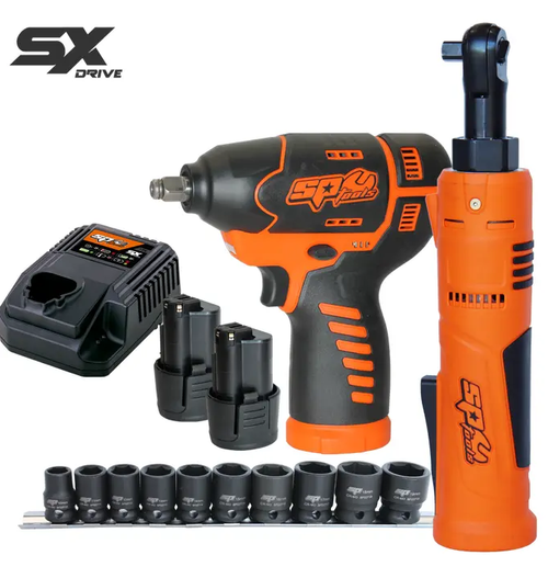 FEATURES
Lightweight compact design featuring next generation SX Drive Technology with increased power and 2m (6.5 ft) drop test durability
High quality impact wrench features a heavy duty powerful motor that delivers 105Nm (77ft-lbs) of working torque
Ultra compact mini ratchet wrench features a heavy duty powerful motor that delivers 51Nm (38ft-lbs) of working torque
SX Drive electronic intelligence enables advanced communication between your batteries and tools, allowing for unmatched levels of performance, protection and productivity
Improved performance in tight access applications
Variable speed triggers provides you with added control
Ergonomic high grip handles for comfortable use
Built-in LED lights illuminate work area and delivers high visibility in tight access workspaces
Kit includes 2x 2.5Ah high quality long life Li-ion battery packs and 10pc Impact Socket Set
SPECIFICATIONS
IMPACT WRENCH	 
PLATFORM	12v SX Drive
WORKING TORQUE	105Nm  |  77ft-lbs
RPM (No Load Speed)	0-2400 RPM
IMPACT RATE (Beats per min)	0-3200 BPM
CAPACITY (Shank Size)	3/8’’ (10mm) Square Drive
WEIGHT ( With Battery)	0.87kg  |  1.9Lb
CHARGE TIME	1 hour auto cut-off (±10min)
RATCHET WRENCH	 
PLATFORM	12v SX Drive
WORKING TORQUE	51Nm  |  38ft-lbs
RPM (No Load Speed)	0-2200 RPM
CAPACITY (Shank Size)	3/8’’ (10mm) Square Drive
WEIGHT ( With Battery)	0.93kg  |  2.05Lb
CHARGE TIME	1 hour auto cut-off (±10min)

THIS KIT INCLUDES

12v 3/8"Dr IMPACT WRENCH - SX DRIVE -
Working Torque: 105Nm  |  77ft-lbs
RPM: 0-2400  |  BPM: 0-3200
Capacity: 3/8’’ (10mm)
Variable speed trigger with brake
Ergonomic soft grip handle
Built-in LED light illuminates work area
Weight: 0.87kg  |  1.9Lb (with battery)
Charging Time: 1 hour auto cut-off (±10min)

12v 3/8"Dr MINI RATCHET WRENCH - SX DRIVE 
Working Torque: 51Nm  |  38ft-lbs
RPM: 0-220
Square Drive: 3/8’’
Compact design for tight access areas
Reversible
Built-in LED light illuminates work area
Ergonomic high grip handle
Weight: 0.93kg  |  2.05Lb (with battery)
Charging Time: 1 hour auto cut-off (±10min)

QUANTITY: 2 x 12v LI-ION BATTERY PACK - 2.5AH - SX DRIVE
PART NO: SP83970
Longer run time
Less charging
Power when you need it
Stronger coated contacts
Longer life - More than double the recharges of normal lithium batteries

MORE INFORMATION
12v BATTERY CHARGER - SX DRIVE
PART NO: SP83870

SP Multi function Microprocessor controlled 12v Battery Charger features a 9 stage control and protection system
Programmable over-charge voltage
End of charge current
Temperature cut-off
Safety charging time
Receive charge termination signal
Over-charge voltage protection
Over-charge current protection
Short circuit protection
Relay control protection
MORE INFORMATION

10pc 3/8”Dr 6pt METRIC IMPACT SOCKET RAIL SET
PART NO: SP20250
Flat drive technology offers maximum contact and grip
Trade tough - suitable for use with pneumatic and electric/cordless impact wrenches
Premium quality, high strength Chrome Molybdenum steel (Cr-Mo) forextreme durability
Manufactured to DIN standards
IMPACT SOCKETS INCLUDED

10, 11, 12, 13, 14, 15, 16, 17, 18 & 19mm Impact Sockets
1 x Socket Rail
MORE INFORMATION
SX CORE MICROPROCESSORS
The core to the SP SX Drive program are the new and improved SX Core microprocessors that offer the ultimate charger to battery to tool interface to improve outright performance. We have embedded microprocessors in all three components to give users longer run times, charge and discharge protection, intelligent current flow and temperature protection. With SP SX Drive using SX Core technology we can offer more work time, more power, more recharges and ultimately better performing tools.

NEXT GENERATION BATTERY SYSTEM
The new and improved SX Drive power tool program has been redeveloped to offer even greater power and performance to automotive, industrial and trade applications. The SP SX Drive cordless range is powered by next-gen INR chemistry battery cells. The INR chemistry combines the safety and low resistance of Manganese and the high energy capacity of Nickel. When we combine these cells with SP Tools 3rd generation SX battery management system, the result is world leading battery performance and power.

Longer run time
Less charging
Power when you need it
Stronger coated contacts
Longer life - More than double the recharges of normal lithium batteries

Warranty Policy
SP CORDLESS TOOLS - SX DRIVE - 36 MONTH WARRANTY

SP SX Drive Cordless Tools are covered against manufacturing defects or faulty materials. This warranty does not cover overloading, abuse, misuse and normal wear and tear. All SP SX Drive Cordless Tools are designed and manufactured for specific purposes and if not used for that intended purpose they will not be covered by the 36 month warranty. This 36 month warranty is in addition to what is covered in the Trade Practices Act (Aust), all state and territory laws and regulations and the Fair Trading Act (NZ). Tools that fail due to manufacturing defects or faults may be returned to a SP Cordless Tools authorised dealer for repair or replacement at the sole discretion of Austech Industries Pty Ltd.

SP CORDLESS BATTERY PACKS - SX DRIVE - 24 MONTH WARRANTY
SP SX Drive Cordless Battery Packs are covered against manufacturing defects or faulty materials. This warranty does not cover overloading, abuse, misuse and normal wear and tear. All SP SX Drive Cordless Battery Packs are designed and manufactured for specific purposes and if not used for that intended purpose they will not be covered by the 24 month warranty. This 24 month warranty is in addition to what is covered in the Trade Practices Act (Aust), all state and territory laws and regulations and the Fair Trading Act (NZ). Tools that fail due to manufacturing defects or faults may be returned to a SP Cordless Battery Packs authorised dealer for repair or replacement at the sole discretion of Austech Industries Pty Ltd.

SP BATTERY CHARGER - SX DRIVE - 24 MONTH WARRANTY
SP SX Drive Cordless Battery Chargers are covered against manufacturing defects or faulty materials. This warranty does not cover overloading, abuse, misuse and normal wear and tear. All SP SX Drive Cordless Battery chragers are designed and manufactured for specific purposes and if not used for that intended purpose they will not be covered by the 24 month warranty. This 24 month warranty is in addition to what is covered in the Trade Practices Act (Aust), all state and territory laws and regulations and the Fair Trading Act (NZ). Tools that fail due to manufacturing defects or faults may be returned to a SP Cordless Battery Packs authorised dealer for repair or replacement at the sole discretion of Austech Industries Pty Ltd.