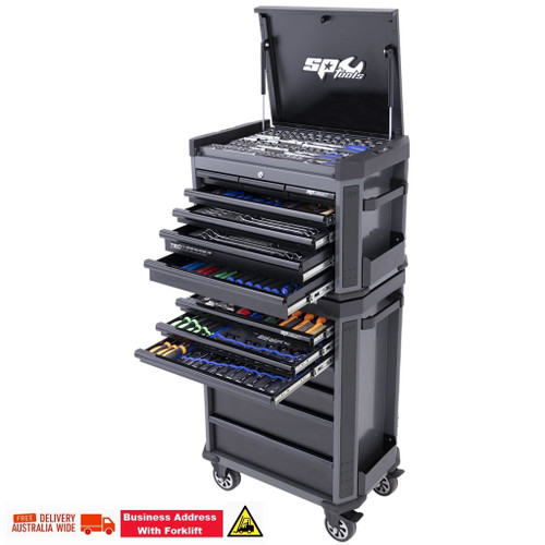 KIT INCLUDES:
1/4”Dr Sockets & Accessories
12pt - 4, 5, 6, 7, 8, 9, 10, 11, 12 & 13mm
12pt - 3/16, 7/32, 1/4, 9/32, 5/16, 11/32, 3/8, 7/16 & 1/2”
Deep 6pt - 4, 5, 6, 7, 8, 9, 10, 11, 12 & 13mm 
eep 6pt - 3/16, 7/32, 1/4, 9/32, 5/16, 11/32, 3/8, 7/16 & 1/2” 
Torx - T10, T15, T20 & T25 
Inhex - 3, 4, 5 & 6mm, 1/8, 5/32, 3/16, 7/32 & 1/4” 
45T Ratchet & Flex Handle 
Wobble Extension Bars - 50 & 150mm
3/8”Dr Sockets and Accessories
12pt - 8, 9, 10, 11, 12, 13, 14, 15, 16, 17, 18 & 19mm
12pt - 5/16, 3/8, 7/16, 1/2, 9/16, 5/8, 11/16 & 3/4”
Deep 12pt - 10, 11, 12, 13, 14, 15, 16, 17, 18 & 19mm
Deep 12pt - 5/16, 3/8, 7/16, 1/2, 9/16, 5/8, 11/16 & 3/4”
E-Torx - E4, E5, E6, E7, E8, E10, E11, E12, E14, E16, E18 & E20 
Torx - T27, T30, T40, T45, T50 & T55
Inhex - 6, 7, 8, 9 & 10mm, 3/16, 7/32, 1/4, 5/16 & 3/8” 
45T Ratchet & Flex Handle 
Wobble Extension Bars - 75 & 150mm 
Adaptors - 3/8Fx1/4M
1/2”Dr Sockets & Accessories
12pt - 10, 11, 12, 13, 14, 15, 16, 17, 18, 19, 20, 21, 22, 23, 24, 25 & 26mm
12pt - 3/8, 7/16, 1/2, 9/16, 5/8, 11/16, 3/4, 13/16, 7/8, 15/16 & 1”
Deep 12pt - 10, 11, 12, 13, 14, 15, 16, 17, 19, 21, 22 & 24mm
Deep 12pt - 3/8, 7/16, 1/2, 9/16, 5/8, 11/16, 3/4, 13/16, 7/8, 15/16 & 1’’
Impact 6pt - 10, 11, 12, 13, 14, 15, 17, 18, 19, 21, 22 & 24mm
Impact 6pt - 3/8, 7/16, 1/2, 9/16, 5/8, 11/16, 3/4, 13/16, 7/8, 15/16 & 1”
Impact Inhex - 4, 5, 6, 7, 8, 10, 12, 14 & 17mm 
Impact Inhex - 3/16, 7/32, 1/4, 5/16, 3/8, 7/16, 1/2, 9/16 & 5/8” 
Impact Torx - T20, T25, T30, T40, T45, T50, T55, T60 & T70 
Spark Plug Sockets - 5/8 & 13/16” 
45T Ratchet & Flex Handle 
Impact Universal Joint 
Wobble Extension Bars - 125 & 250mm 
Impact Extension Bars - 75 (2) & 125mm (2)
Spanners
Quad Drive Combination Spanners - 6, 7, 8, 9, 10, 11, 12, 13, 14, 15, 16, 17, 18, 19, 20, 21, 22, 23, 24, 25, 26, 27, 30 & 32mm
Quad Drive Combination Spanners - 1/4, 5/16, 3/8, 7/16, 1/2, 9/16, 5/8, 11/16, 3/4, 13/16, 7/8, 15/16, 1, 1-1/16, 1-1/8 & 1-1/4”
Combination Stubby Spanners - 8, 10, 11, 12, 13, 14, 15, 16, 17, 18 & 19mm 
Combination Stubby Spanners - 5/16, 3/8, 7/16, 1/2, 9/16, 5/8, 11/16 & 3/4” 
Gear Drive Quad Drive Spanners - 8, 9, 10, 11, 12, 13, 14, 15, 16, 17, 18 & 19mm 
Gear Drive Quad Drive Spanners - 5/16, 3/8, 7/16, 1/2, 9/16, 5/8, 11/16, 3/4, 13/16, 7/8, 15/16 & 1” 
Flare Nut Spanners - 10x11, 12x13, 14x17 & 19x22mm 
Flare Nut Spanners - 3/8x7/16, 1/2x9/16, 5/8x11/16 & 3/4x7/8” 
Double Ring Spanners - 8x10, 12x14, 13x15, 16x18, 17x19 & 22x24mm 
Double Ring Spanners - 3/8x5/16, 1/2x7/16, 5/8x9/16 & 3/4x11/16” 
E-Torx Spanners - E6xE8, E10xE12, E14xE16 & E18xE20
Tools
Screwdrivers - 3.0x75, 5.5x100, 6.5x38, 6.5x100, 6.5x150 & 8.0x150mm
Screwdrivers - #0x75, #1x75, #2x38, #2x100, #2x150 & #3x150mm 
Precision - 2.0x50, 2.5x50, 3.0x50, #0x50, #00x50 & #000x50mm 
Ratchet Bit Set - 31pc 
Hex Keys - 1.5, 2, 2.5, 3, 4, 5, 6, 8 & 10mm 
Hex Keys - 1/16, 5/64, 3/32, 1/8, 5/32, 3/16, 1/4, 5/16 & 3/8” 
Torx Keys - T10, T15, T20, T25, T27, T30, T40, T45 & T50 
T-Handle Hex Keys - 2, 2.5, 3, 4, 5, 6, 8 & 10mm 
T-Handle Hex Keys - 5/64, 3/32, 1/8, 5/32, 3/16, 1/4, 5/16 & 3/8” 
T-Handle Torx Keys - T8, T10, T15, T20, T25, T30, T40 & T50 
Pliers - Combination, Long Nose, Locking, Multigrip & Circlip (4) 
Cutters - Diagonal 
Adjustable Wrenches (2) 
Hammers - Ball Pein (2) & Dual Head Soft/Hard 
Hacksaw & Tape Measure 
Pin Punch & Chisel Set - 10pc 
Knife 
Go-Thru Pry Bar Set - 4pc
SMD LED Magbase Work Light/Torch 
7 Drawer Tech Series Tool Box 
7 Drawer Tech Roller Cabinet