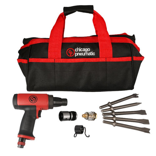 The kit is supplied with:
- A bare tool (CP7160 or CP7165) 
- A quick change retainer 
- A spring retainer 
- A mini oiler 
- A Chicago Pneumatic soft bag 
- 5 chisels (edging chisel, tappered puch chisel, spot weld splitter chisel, flat chisel and single blade panel cutter chisel)