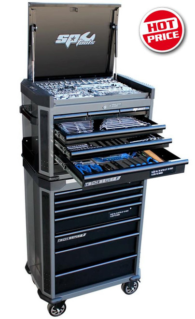 Chrome Vanadium steel for high durability.
Flat drive technology to maximise grip.
High polish finishes to provide easy clean-Up.
7 Drawer Tech Series Tool Box and Roller Cabinet Features:
All sockets and socket accessories come in a hi-density foam tool storage system (EVA).

Heavy duty wheels
Key locking system
Dual gas strut lid stays
Corner protection and fold away side table
Side storage compartments suitable for aerosol cans
Heavy duty full extension ball bearing drawer slides
Dog bone style frame construction offers maximum rigidity
Cliklok drawer locking system ensures drawers stay closed and secure
