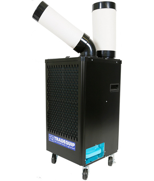 Features
Compact yet powerful
Runs on 240V 10A circuit
Wide operating range of 18º- 45ºC
Single duct system for easy installation
5 Litre self-contained condensation tank for easy removal and emptying
Capillary tube construction for simplicity
Heavy duty compressor with automatic restart and short cycle protection
Motors and compressors have overload protection
Durable and long lasting steel construction
Heavy duty locking castors and handles for easy maneuverability
Easy to use plug in and place the hot air duct out of window/door or into false ceiling

Specifications
Cooling Capacity: 2.7KW / 9200Btu
Power Unit: 240V 50Hz
Rated Power: 950W
Rated Current: 4.2A
Max. Air Flow: 400m3 per hour
Coverage Area: 12-15m2
Noise Level: 55dB(A)
Operating Temperature: 18° - 45°C
Suction Pressure: 2.5Mpa (Max.)
Discharge Pressure: 4.5Mpa (Max.)
Speed Control: 2-speed
Refrigerant: R410/460g
Condensation Tank Capacity: 5 Litres
Castor Wheels: 75mm Dia (2 with brakes)
Dimension: 855(H) x 430(W) x 405(D)
Nett Weight: 42kg
Carton: 965 x 515 x 484mm
Gross Weight 47kg

Intended use:
This appliance is intended for air conditioning industrial or trade workshop/office environments. It is not suitable for any other purpose (such as drying clothes, cooling food, etc.)