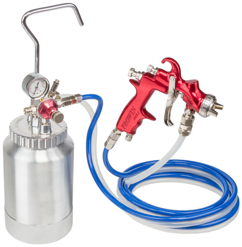 FEATURES
Spray large quantities of fluid without the need to refill a smaller gun-mounted pot. Another benefit of pressure feed systems is a lighter and easier to handle spray gun. Pressure Feed Spray Gun Systems includes a Prowin K818 1.2 mm Spray Gun, fluid tank and 3 meter supply hose.

SPECIFICATIONS
K818 Pressure Feed Spray Gun
Nozzle: 1.8 mm S-Steel
Pattern Width: 300 mm
Working Pressure: 30-45 psi
Air Cons.: 7.4 cfm
Fluid Output: 170 ml
Fluid Feed: Pressure
Fluid Inlet: M14 x 1.0P
Weight: 450 g
2 Litre Pressure Feed Tank
Hose: 8 mm ID x 3 m (PU+Nylon)
Tank dimensions:
130L mm x 130W mm x 445H mm
Capacity: 2 Litre
Tank: Aluminium
Max. working pressure: 60 psi
Weight total: 2.15 kg

Applications:
2-Pack, Metallic, Enamels, Polyurethanes.

Features:
Tank Pressure Regulator
Air release valve
Safety release valve
Tank handle/hanger
Complies to CE standards