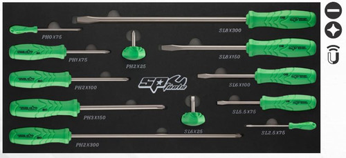FEATURES
Housed in Hi-density EVA foam
High quality SVCM steel shafts for extra strength and durability
Precision made magnetic tips ensures greater fastener control
Organised set of professional quality screwdrivers designed to fit into your tool box
Durable ergonomic handles made from solid polypropylene (PP) situated in deep confined recesses
Set includes stubby sizes, ideal for confined workspaces with limited access as well as extra long sizes for increased torque and extended reach, ideal for fasteners

CONTENTS
6 x Slotted - 2.5 x 75mm, 5.5 x 75mm, 6.0 x 25mm, 6.0 x 100mm, 8.0 x 150mm & 8.0 x 300mm
6 x Phillips - #0 x 75mm, #1 x 75mm, #2 x 25mm, #2 x 100mm, #2 x 300mm & #3 x 150mm
HI-DENSITY FOAM - CUT TO SHADOW YOUR TOOLS.
Easy identification of missing tools
Offers extra protection for your SP Tools
Keeps your tool kit organised for rapid tool location and instant use
