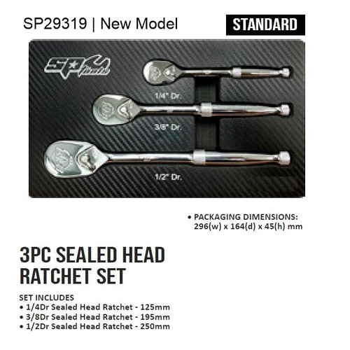 FEATURES
• 90 Tooth gear for 4° swing angle
• Compact oval ratchet head for better accessibility
• Sealed ratchet head to reduce internal wear and tear
• CR-V steel with mirror-polish finish
• Designed to meet or exceed ANSI standards for torque and dimensions

HI-DENSITY FOAM - CUT TO SHADOW YOUR TOOLS.
• Offers extra protection for your SP Tools
• Keeps your tool kit organised for rapid tool location and instant use
• Easy identification of missing tools

SET INCLUDES
• 1/4Dr Sealed Head Ratchet - 125mm
• 3/8Dr Sealed Head Ratchet - 195mm
• 1/2Dr Sealed Head Ratchet - 250mm