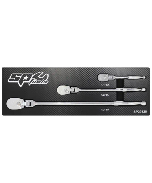 FEATURES
Sets includes 1/4”, 3/8” and 1/2” Drive Ratchets
90 Tooth gear for 4° swing angle
Compact oval ratchet head for better accessibility
Sealed ratchet head to reduce internal wear and tear
CR-V steel with mirror-polish finish
Designed to meet or exceed ANSI standards for torque and dimensions
ALL HOUSED IN HIGH DENSITY FOAM - CUT TO SHADOW YOUR TOOLS
Offers extra protection for your SP Tools
Keeps your tool kit organised for rapid tool location and instant use
Easy identification of missing tools
DIMENSIONS: 506(w) x 164(d) x 45(h) mm

SET INCLUDES
1/4Dr Sealed Flex Head Ratchet - 159mm
3/8Dr Sealed Flex Head Ratchet - 295mm
1/2Dr Sealed Flex Head Ratchet - 455mm