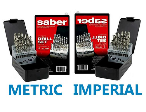 This deal is a real corker because you get the AF & METRIC sets for one hot price! These Saber Drills are some of the best we have seen for this price so to get both sets for just at this price is just great value. Do the sums this is very cheap for this quality!

You get metric & AF Drill Sets which both feature:
High performance, bright finish.
High Speed Steel for trade usage
Drill Bit Surface Treatment
135° Split Point (crankshaft point)
Saber Bright Finish HSS Jobber Drills DIN338
Suitable for drilling metal, timber, plastics and wide variety of other materials.
Use of a cutting fluid will extend bit life when drilling ferrous and non-ferrous metals
Bright Finish Jobber Drills have no surface treatment and are supplied in the as-ground condition.
These tools are suitable for general purpose use, particularly for non-ferrous applications.
Split point is self centering and the short distance from the drill axis to the outer corners results in faster penetration, reducing end thrust.

Imperial set:
1/16" - 1/2" x 1/64" rises
Metric set:
1.0-6.5mm x 0.5mm rises
7.0-13.0 x 1.0mm rises
