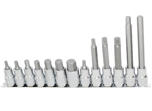 Set includes:
Inhex Short (55mm) - 6, 7, 8, 10, 12, 14 & 17mm
Spline Short (55mm) - 6mm
Inhex Long (140mm) - 8 & 10mm
Spline Long (100mm) -8, 10 & 12mm
1 x Socket Rail