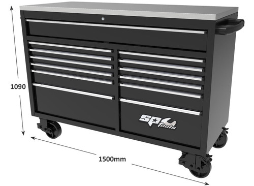 Heavy duty steel wall construction
Stainless steel work top
Full length deep top drawer
Soft Close drawers with heavy duty full extension ball bearing drawer slides
SP Cliklok drawer locking system ensures drawers stay closed and secure
Internal locking system for extra security
Extreme duty spring castors - 2x lockable swivel
Top drawer load weight: 120Kg
Standard drawer load weight: 60Kg
Bottom drawers load weight: 120Kg

1500w x 622d x 888h (mm) (1090h with castors)
1x Drawer: 1367w x 575d x 115h
4x Drawers: 736w x 575d x 45h
1x Drawer: 736w x 575d x 100h
1x Drawer: 736w x 575d x 240h
4x Drawers: 566w x 575d x 45h
1x Drawer: 566w x 575d x 100h
1x Drawer: 566w x 575d x 240h