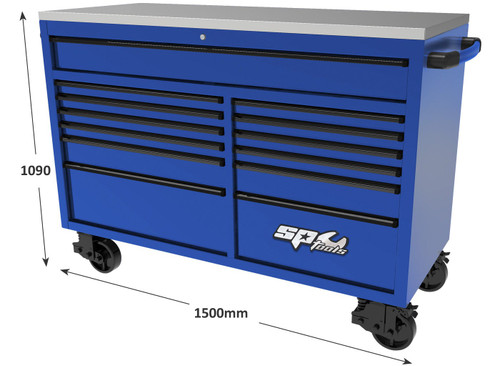 Heavy duty steel wall construction
Stainless steel work top
Full length deep top drawer
Soft Close drawers with heavy duty full extension ball bearing drawer slides
SP Cliklok drawer locking system ensures drawers stay closed and secure
Internal locking system for extra security
Extreme duty spring castors - 2x lockable swivel
Top drawer load weight: 120Kg
Standard drawer load weight: 60Kg
Bottom drawers load weight: 120Kg

1500w x 622d x 888h (mm) (1090h with castors)
1x Drawer: 1367w x 575d x 115h
4x Drawers: 736w x 575d x 45h
1x Drawer: 736w x 575d x 100h
1x Drawer: 736w x 575d x 240h
4x Drawers: 566w x 575d x 45h
1x Drawer: 566w x 575d x 100h
1x Drawer: 566w x 575d x 240h