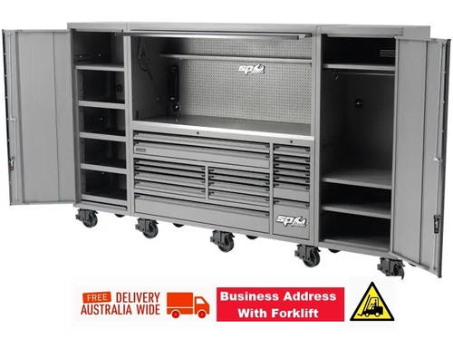 FEATURES
Double wall super-duty, high-quality steel box frame and drawer construction using  14.5 Gauge steel (1.5mm) for increased durability and strength
Extra height design for increased head clearance of 1855mm (6’1") with a front drop down security panel that neatly folds away into the top of the hutch. Less chance of taller technicians knocking their heads
Stainless steel work top
Triple drawer bank with full length deep top drawer
3x Full length drawers and 1x Ultra deep drawer
SP One-Touch Cliklok drawer locking system with its single handed release and open function ensures drawers stay closed and secure while the roll cab is unlocked
SP Max super duty 28 ball bearing drawer slides with full drawer extension
Dual gas strut lid stays ensures security panel stays open
Steel pegboard rear wall inside hutch to organise frequently used tools
Full length adjustable shelf in power hutch
Includes 2x magnetic mount power boards with 4x individually switched power outlets and 4x USB Ports - Ideal for powering power tools and charging cordless tools, laptops mobile devices and more, able to be positioned on any steel part of the hutch or roll cab
2x built-in 600mm LED light strips
6x electric cable access ports on either side of power hutch and side cabinet rear walls
Side cabinets feature reversible castors and doors and can be used on either side of the hutch and roller cabinet combo
4x high volume, fully extendable soft close roller shelves. Each with a massive 60kg load rating
Large volume closet compartment with clothes hang rail
4x fixed shelves in side cabinets
Internal locking system keeps your tools secure
Super-duty premium quality, unique spring-loaded castors - 10x swivel (lockable)
UV stabilised powder coating combines the advantages of thermosetting powders and liquid Ultraviolet (UV) cure technologies improving base metal adhesion, film flexibility, chemical, corrosion and weathering resistance. For extended life, protect with a wax polish containing UV protection

DIMENSIONS
WORKSTATION COMBINED DIMENSIONS: (mm)

3250w x 622d x 1752h (1954h with castors)
(6'1" Head Clearance)
LOAD WEIGHTS
TOTAL WORKSTATION LOAD WEIGHT (Maximum)

4,000Kg (400kg per castor)
DRAWER LOAD WEIGHTS (Per Drawer)

Top drawer load weight: 120Kg
Standard drawer load weight: 60Kg
Bottom drawers load weight: 120Kg
SPECIFICATIONS
RANGE SERIES	USA Sumo Series - 73"
CONSTRUCTION	
Double wall super-duty, heavy gauge steel 

WORK TOP	Stainless steel
POWER BOARD	Yes - 2x magnetic mount power boards with 4x individually switched outlets & 4x USB ports
ELECTRICAL ACCESS POINTS	6
BUILT-IN LIGHTING	2x 600mm LED strips
PEGBOARD REAL WALL  Yes
ADJUSTABLE SHELF Yes - full length (power hutch)
ROLL CAB DRAWERS 18
FULL LENGTH DRAWERS  3x
DRAWER EXTENSION Full extension
SP CLIKLOK DRAWER LOCKING SYSTEM	Yes - single handed full length
ROLL CAB DRAWER LINERS	 18

DRAWER SLIDES	
SP Max 28 ball bearings - Super duty

DRAWER LOAD	 
60kg - per standard drawer
120kg - per deep drawer

DRAWER BANK	Triple
CLOTHES COMPARTMENT
Large volume with hang rail
ROLLER SHELVES
4x High volume, soft close
FIXED SHELVES 4

LOCKABLE	Full internal locking system
CASTOR TYPE	Super duty premium spring loaded
CASTOR LOAD	400Kg per castor
WORKSTATION TOTAL MAX LOAD	4,000Kg
FINISH	UV Stabilised double powder coat
WEIGHT 726kg