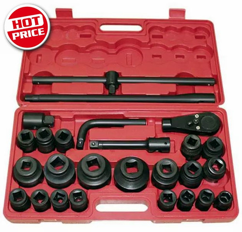 Contents:
3/4" DR 26pcs air impact sockets
17 x 3/4" sockets:21,22,23,24,26,27,28,29,30,31,32,34,36,38,41,46,50
3 x 1" Dr. Sockets: 55, 60, 65
1 x 3/4" Ratchet wrench
1 x 3/4" to 1" Impact adaptor
1 x Extension bar
1 x Sliding bar
1 x Extension socket wrench
1 x Right angle bar