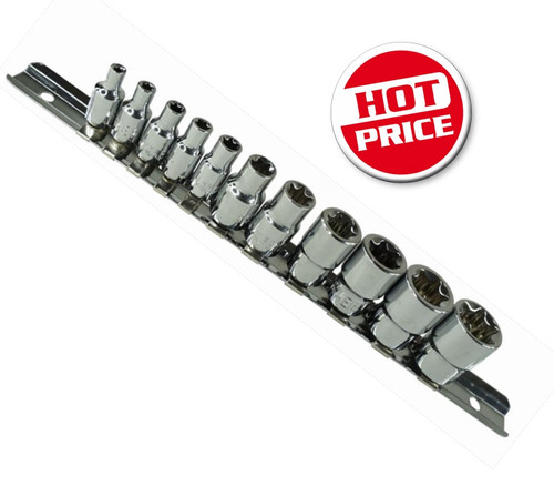 Tool Features:
Durable Heat Treated Alloy Steel
Socket set comes with a rail for better organisation
Ideal for applications where specialised E-Torx bits are required

Includes:
Metal Socket Rail
E4, E5, E6, E7 & E8 1/4" Drive Sockets,
E10, E12, E14, E16, E18 & E20 3/8" Drive Sockets