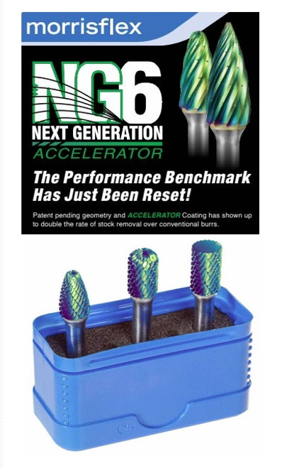 SPECIFICATIONS
3 Piece Set includes:
Radius Ended Cylinder Shaped Burr Size 3 Shape
Head Dia: 3/8''
Head Length: 3/4''
Overall Length: 2 1/2 ''
Cylinder Shaped Burr Size 3 Shape
Head Dia: 3/8''
Head Length: 3/4''
Overall Length: 2 1/2 ''
Ball Nosed Tree Shaped Burr Size 3 Shape
Head Dia: 3/8''
Head Length: 3/4''
Overall Length: 2 1/2 ''
SHIPPING WEIGHT: 0.10 Kg
FEATURES
• The next generation ACCELERATOR coating and
aggressive geometry of the NG6 range delivers stock
removal rates on stainless steel, of up to DOUBLE that of
other leading premium-quality burs on the market today,
all without negatively affecting vibration levels for the
operator.
• Precision CNC machined brazed burr