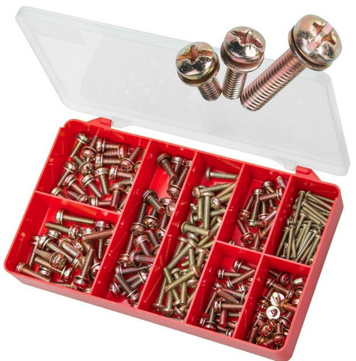 SPECIFICATIONS
180 piece kit with 8 different types includes:
M3 x 25mm - Qty: 40
M5 x 12mm - Qty: 20
M5 x 16mm - Qty: 15
M5 x 20mm - Qty: 15
M5 x 25mm - Qty: 30
M6 x 16mm - Qty: 20
M6 x 20mm - Qty: 20
M6 x 25mm - Qty: 20