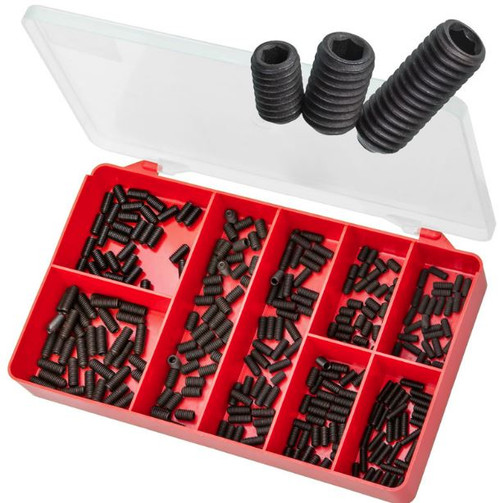 SPECIFICATIONS
300 piece kit with 8 different sizes includes:
M4 x 10 mm Grub Screws - Qty: 35
M4 x 12 mm Grub Screws - Qty: 35
M5 x 10 mm Grub Screws - Qty: 35
M5 x 12 mm Grub Screws - Qty: 45
M5 x 8 mm Grub Screws - Qty: 35
M6 x 10 mm Grub Screws - Qty: 45
M6 x 12 mm Grub Screws - Qty: 35
M6 x 16 mm Grub Screws - Qty: 35