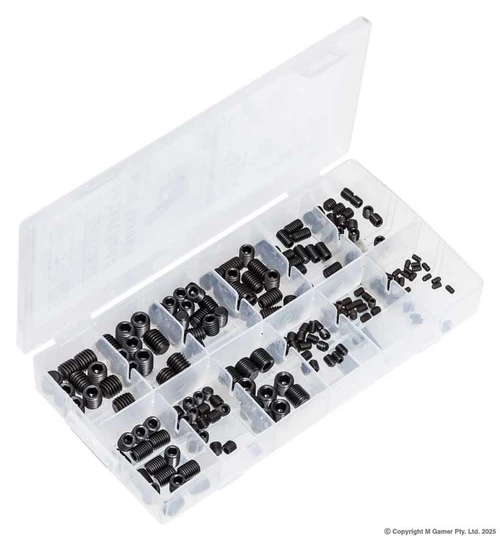 200 piece kit with 12 different sizes includes:
M3 x 0.5 mm x 5 mm Length Grub Screws - Qty: 30
M4 x 0.7 mm x 5 mm Length Grub Screws - Qty: 20
M5 x 0.8 mm x 6 mm Length Grub Screws - Qty: 20
M6 x 0.75 mm x 6 mm Length Grub Screws - Qty: 20
M6 x 1.0 mm x 6 mm Length Grub Screws - Qty: 20
M6 x 1.0 mm x 10 mm Length Grub Screws - Qty: 15
M8 x 1.0 mm x 10 mm Length Grub Screws - Qty: 15
M8 x 1.25 mm x 10 mm Length Grub Screws - Qty: 15
M8 x 1.25 mm x 12 mm Length Grub Screws - Qty: 15
M10 x 1.0 mm x 10 mm Length Grub Screws - Qty: 10
M10 x 1.5 mm x 10 mm Length Grub Screws - Qty: 10
M10 x 1.5 mm x 12 mm Length Grub Screws - Qty: 10