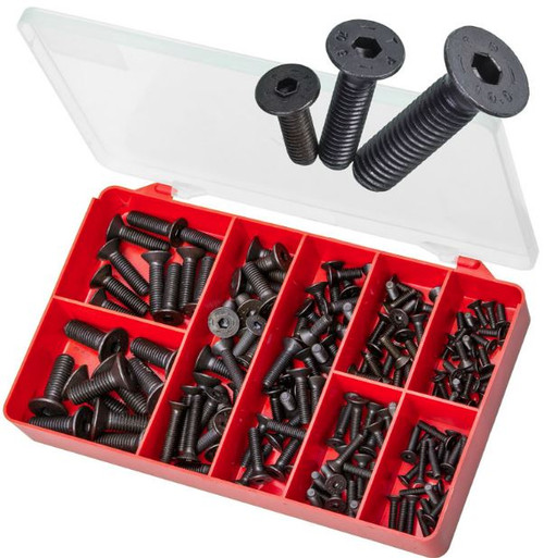 SPECIFICATIONS
160 piece kit with 10 different sizes includes:
M4 x 12 mm, 2.5 mm Hex - Qty: 30
M4 x 16 mm, 2.5 mm Hex - Qty: 20
M5 x 16 mm, 3 mm Hex - Qty: 20
M5 x 20 mm, 3 mm Hex - Qty: 20
M6 x 16 mm, 4 mm Hex - Qty: 15
M6 x 25 mm, 4 mm Hex - Qty: 15
M6 x 30 mm, 4 mm Hex - Qty: 10
M8 x 25 mm, 5 mm Hex - Qty: 10
M8 x 30 mm, 5 mm Hex - Qty: 10
M10 x 30 mm, 6 mm Hex - Qty: 10