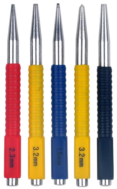 Sizes: 
1.6, 2.3, 3.2, 4.0mm Nail punch
3.2mm Centre punch

Features:
Hardened steel
Comfort grip
Colour coded handles
