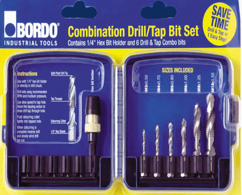 6 x UNC combination drill/taps in a rugged case:
8G, 10G, 12G, 1/4", 5/16", 3/8"

Features:
Save time! Drill, tap, and deburr in one operation.
One-piece drill/tap guarantees correct drill for tap size.
Tapered design prevents thread damage from over drilling.
Made of high speed steel for long life.
After completing tap, reverse the drill to back out.
Use of cutting oil recommended.
Clean tap of metal chips to extend life.
Capacity: 10 gauge (3.5mm).