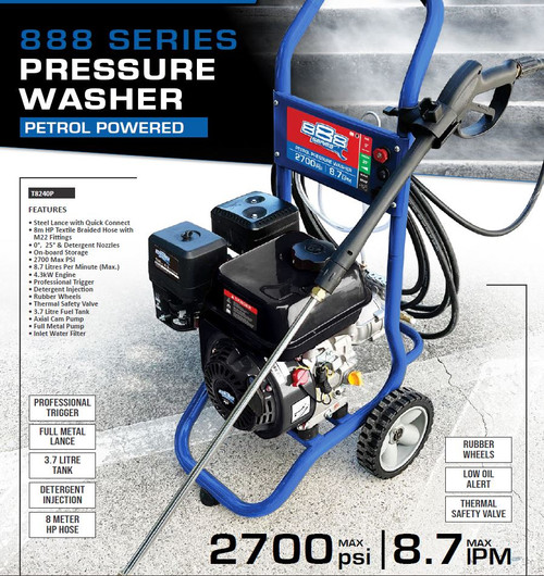 • Steel Lance with Quick Connect
• 8m HP Textile Braided Hose with
M22 Fittings
• 0°, 25° & Detergent Nozzles
• On-board Storage
• 2700 Max PSI
• 8.7 Litres Per Minute (Max.)
• 4.3kW Engine
• Professional Trigger
• Detergent Injection
• Rubber Wheels
• Thermal Safety Valve
• 3.7 Litre Fuel Tank
• Axial Cam Pump
• Full Metal Pump
• Inlet Water Filter