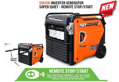 FEATURES
Highly reliable Torini 4 stroke engine with electronic choke and throttle control, adjusts engine speed based on electrical load thereby keeping noise as low as possible
 House connection friendly (via 32amp outlet)
Starting: Push button, Recoil and Remote (Bluetooth) Start / Stop
Advanced inverter technology delivers clean pure sinewave power for computers and other sensitive electric devices with a THD less than 3%.
Space saving fold out handles for ease of poisoning and minimum storage foot print.
The LCD panel displays voltage, hertz, the connected load, hours and low oil
Dual USB outlet for easy charging of devices
Quick access hatches for easy maintenance

SPECIFICATIONS
Max Watts: 9000w (Starting Power)
Rated Watts: 8200w (Running Power)
Power Outlets: 3 (2x15A, 1x32A)
Power: 50Hz/240v
61 dB(A)@1/4 load, 7m
Tank Capacity: 30L
Starting System: Electric/Remote & Pull
Net Weight: 96kg
Operating Hours: 12h at 50% Load
Warranty Policy

SP POWERED EQUIPMENT - TORINI ENGINE
SP powered equipment fitted with Torini Engines are warranted for 12 months against manufacturing defects or faulty materials. The Torini engine itself has an extended warranty period of 36 months, on major engine components, crankcase, cylinder, piston, crankshaft, conrod etc. Ungoverned Race Engines are not covered by this warranty.
Any warranty repairs are limited to the warranty fault identified and as such will not include any other faults due to misuse, abuse, failure to maintain, fair wear and tear or the replacement of serviceable items such as oil, spark plugs, air filters, fuel etc...
