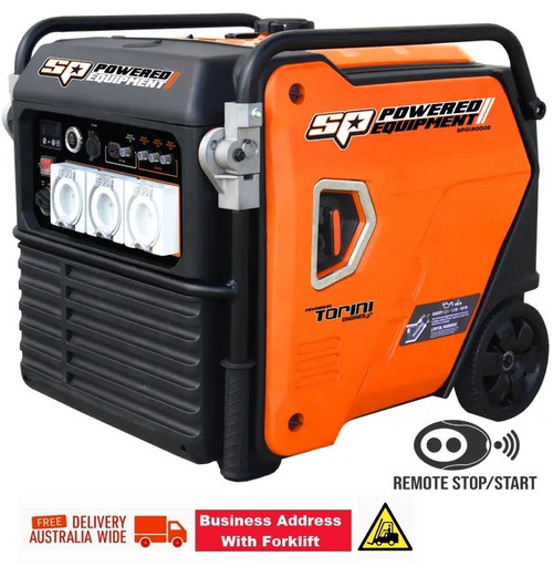 FEATURES
Highly reliable Torini 4 stroke engine with electronic choke and throttle control, adjusts engine speed based on electrical load thereby keeping noise as low as possible
 House connection friendly (via 32amp outlet)
Starting: Push button, Recoil and Remote (Bluetooth) Start / Stop
Advanced inverter technology delivers clean pure sinewave power for computers and other sensitive electric devices with a THD less than 3%.
Space saving fold out handles for ease of poisoning and minimum storage foot print.
The LCD panel displays voltage, hertz, the connected load, hours and low oil
Dual USB outlet for easy charging of devices
Quick access hatches for easy maintenance

SPECIFICATIONS
Max Watts: 9000w (Starting Power)
Rated Watts: 8200w (Running Power)
Power Outlets: 3 (2x15A, 1x32A)
Power: 50Hz/240v
61 dB(A)@1/4 load, 7m
Tank Capacity: 30L
Starting System: Electric/Remote & Pull
Net Weight: 96kg
Operating Hours: 12h at 50% Load
Warranty Policy

SP POWERED EQUIPMENT - TORINI ENGINE
SP powered equipment fitted with Torini Engines are warranted for 12 months against manufacturing defects or faulty materials. The Torini engine itself has an extended warranty period of 36 months, on major engine components, crankcase, cylinder, piston, crankshaft, conrod etc. Ungoverned Race Engines are not covered by this warranty.
Any warranty repairs are limited to the warranty fault identified and as such will not include any other faults due to misuse, abuse, failure to maintain, fair wear and tear or the replacement of serviceable items such as oil, spark plugs, air filters, fuel etc...