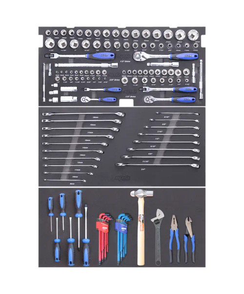 FEATURES:
All sockets, socket accessories and ring open end spanners come in hi-density foam tool storage system (EVA).
Chrome Vanadium steel for high durability.
Flat drive technology to maximise grip.
High polish finishes to provide easy clean-Up.

KIT INCLUDES:
1/4”Dr Sockets & Accessories
12pt - 4, 5, 6, 7, 8, 9, 10, 11, 12 & 13mm
12pt - 3/16, 7/32, 1/4, 9/32, 5/16, 11/32, 3/8, 7/16 & 1/2”
45T Ratchet & Flex Handle
Wobble Extension Bars - 50 & 150mm


3/8”Dr Sockets & Accessories
12pt - 8, 10, 11, 12, 13, 14, 15, 16, 17, 18 & 19mm
12pt - 5/16, 3/8, 7/16, 1/2, 9/16, 5/8, 11/16 & 3/4”
Spark Plug Sockets - 5/8 & 13/16”
45T Ratchet & Flex Handle
Wobble Extension Bars - 75 & 150mm
Adaptors - 3/8Fx1/4M & 3/8Fx1/2M


1/2”Dr Sockets & Accessories
12pt - 10, 11, 12, 13, 14, 15, 16, 17, 18, 19, 20, 21, 22, 23, 24, 26, 27, 30 & 32mm
12pt - 3/8, 7/16, 1/2, 9/16, 5/8, 11/16, 3/4, 13/16, 7/8, 15/16, 1, 1-1/16 & 1-1/8”
45T Ratchet & Flex Handle
Wobble Extension Bars - 125 & 250mm
Adaptor - 1/2Fx3/8M


Wrench / Spanners
Combination - 8, 10, 11, 12, 13, 14, 16, 17, 18 & 19mm
5/16, 3/8, 7/16, 1/2, 9/16, 5/8, 11/16 & 3/4”


Tools
Screwdrivers - 3.0x75, 5.5x100 & 6.0x150 + #0x75, #1x80 & #2x150
Hex Keys - 1.5, 2, 2.5, 3, 4, 5, 6, 8 & 10mm
Hex Keys - 1/16, 5/64, 3/32, 1/8, 5/32, 3/16, 1/4, 5/16 & 3/8”
Pliers - Combination
Cutters - Diagonal
Adjustable Wrench
Hammer - Ball Pein




EVA Hi-Density Foam Storage insert cut to shadow your tools.
Offers extra protection for your SP Tools.
Keeps your tool kit organised for rapid tool location and instant use
Easy identification of missing tools