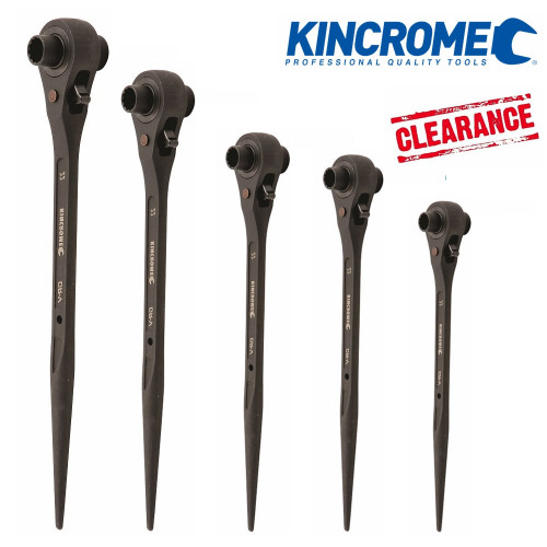 Be quick these will sell out! Get the entire clearance pack for LESS THAN the RRP of the 55mm unit! These have all the most common sizes and are an absolute steal at this price! Used in the construction industry, the Kincrome Ratchet Podger Spanners have two sizes in the ring end for convenience and the Podger end is used for aligning bolt holes.

Features:
VERY heavy duty construction
The Tapered shaft allows the user to locate and align bolt holes
Ideal for the construction, mining & other heavy industrial applications.
Each spanner head offers two different sizes, making it versatile on the job site
Manufactured from Chrome Vanadium Steel (Cr-V), hardened and tempered with a Black Phosphate finish

Specifications:
Finish Black Phosphate
Material Chrome Vanadium Steel (Cr-V)

Sizes:
10x12, 14x17, 26x32, 38x41, 41x55