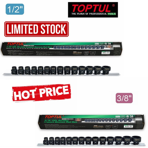 Great value TopTul low profile (stubby) Impact sockets DUO PACK featuring extra low profile design for use in confined space, plus you can use a Ratchet or Impact Wrench on these.

1/2" Set Unique Features:
Height of each socket 28mm
22mm Hex shank on the socket for increased access with a 22mm spanner or gear spanner.
Sizes: 10,11,12,13,14,15,16,17,18,19,20,21,22,24 mm

3/8" Set Unique Features:
Height of each socket 22.5mm
17mm Hex shank on the socket for increased access with a 17mm spanner or gear spanner.
Sizes: 8,12,13,14,15,16,17,18,19,21,22,24mm 
Both Sets Feature:
Black phosphate finish for corrosion resistance
Extra low profile design for use in confined spaces
Perfect for both machinery and automotive applications
Made of heat treated, durable Chrome Molybdenum Alloy Steel
Suitable for use with air/electric impact wrench or air ratchet wrench
Standards:  ASME B107.4 / ASME B107.17 / ASME B107.110