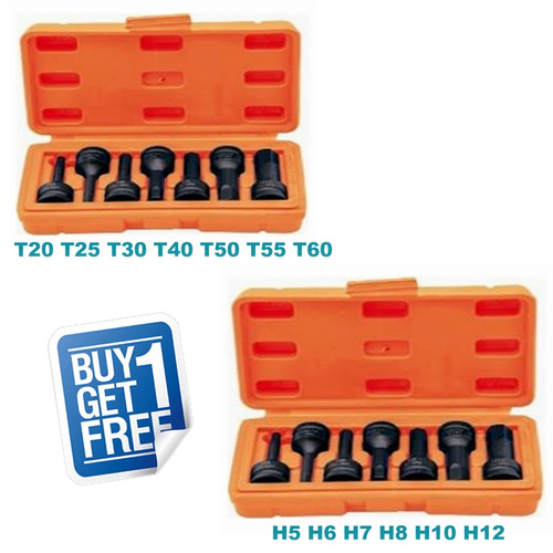 Top quality build quality, fit & finish + this pack gives you the T20-T60 & the H5-H1

Sizes: (3/8" Drive Star Drive Impacts.) 
H5 H6 H7 H8 H10 H12
T20 T25 T30 T40 T50 T55 T60