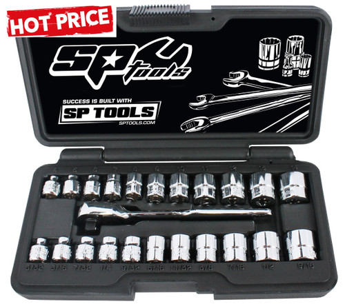Contains:
Heavy duty 1/4” Drive Ratchet
4, 5, 6, 7, 8, 9, 10, 11, 12, 13, 14mm
5/32, 3/16, 7/32, 1/4, 9/32, 5/16, 11/32, 3/8, 7/16, 1/2, 9/16"

Features:
Quick release system for easy socket changes
Chrome Vanadium Steel (Cr-V) for high durability
Flat drive technology offers maximum contact and grip
Chrome, high polish finishes provide for an easy clean-up
Low profile design - Able to reach areas where other sockets can't
Specially strengthened ratchet gear teeth to sustain maximum applied torque