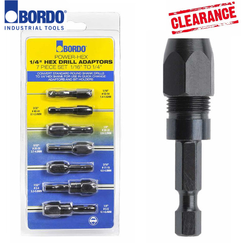 Power-Hex Drill Adaptor Imperial Set 1/16", 3/32", 1/8", 5/32", 3/16", 7/32", & 1/4"
Bordo Power-Hex Drill Adaptors convert standard round shank Twist drills to 1/4" hex shank.
The resulting hex shank drill is suitable for use in quick change adaptors, bit holders and standard drill chucks.
Select the correct size Power-Hex Drill Adaptor to suit the drill you wish to convert.
Loosen the collet on the adaptor and fully insert the drill into the adaptor.
Tighten the adaptor with a spanner or adjustable wrench to ensure that there is no slip.

