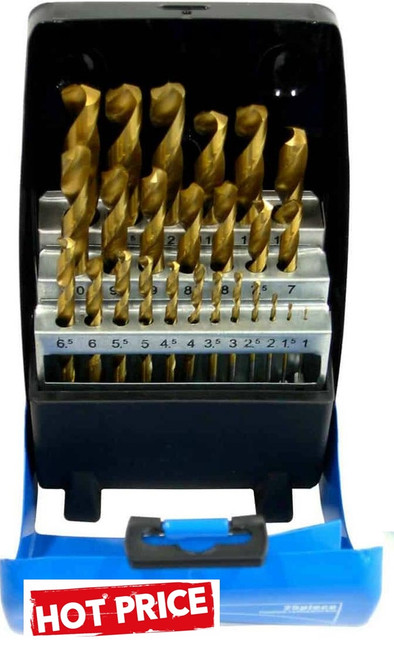 RED HOT value here offering the reliability of Titanium Nitride Coated HSS Drills up to 13mm!
Features:
Both sets feature Titanium Nitride Coated Hardened tungsten steel. 
Step Drills with Dual Flute cutting head. Equivalent to 23 pce set.
Uses:
Ideal for panel drilling.
Auto de-burrs the holes.
You get:
13Pce HSS titanium coated contents:
1, 1.5, 2, 2.5, 3, 3.5, 4, 4.5, 5, 5.5, 6, 6.5, 7, 7.5, 8, 8.5, 9, 9.5, 10,
10.5, 11, 11.5, 12, 12.5 & 13mm