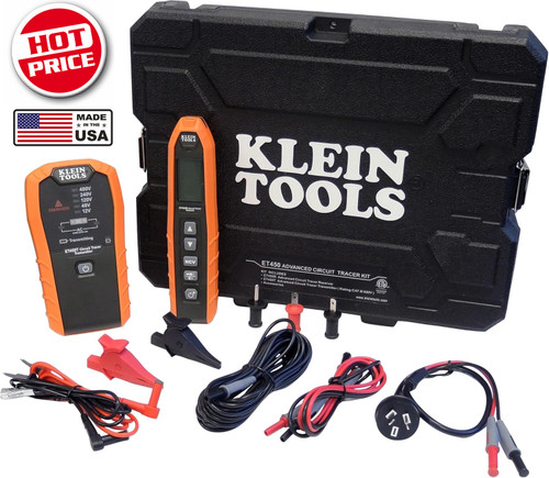 General Info: 
The Klein Tools ET450AU Advanced Circuit Tracer Kit is a professional tracer for energized and non-energized breakers, fuses, and wires. When the Transmitter is connected to a circuit, the Receiver’s sensitivity can easily be adjusted to detect the transmitted signal on breakers, fuses, and wire through drywall, cement block, and underground. Kit comes with transmitter, receiver, blade and ground prongs, alligator clips, 3-Foot and 20-Foot lead adapters, AC plug leads, instructions, all required batteries, and a hard carrying case with handle for convenient transportation and storage.

Features:
The Advanced Circuit Tracer Kit provides reliable tracing of energized or non-energized breakers, fuses, and wires
Easily adjust receiver sensitivity level to detect the transmitted signal through drywall, cement block, and underground
Versatile applications include tracing wires, conduit or pipes, or a single wire in a bundle
Audible beep and visual indicators on receiver denotes signal strength

Specifications
Receiver features a flashlight for illumination in low-light areas and NCV function to test if wires are energized
Transmitter has AC/DC external voltage indicators of 12V, 48V, 120V, 240V, and 480V
Kit comes with transmitter, receiver, blade and ground prongs, alligator clips, 3-Foot and 20-Foot lead adapters, AC plug leads, instructions, all required batteries, and a hard carrying case


