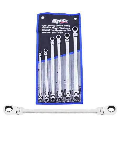 FEATURES
Set includes: 8 x 9, 10 x 11, 12 x 13, 14 x 15, 16 x 17 & 18 x 19mm
FLAT DRIVE TECHNOLOGY - The flat drive ring end design allows for maximum contact between the tool and fastener. The extra contact means the applied torque can be increased and risk of damage to the fastener is decreased.
GEAR DRIVE - Precisely machined with deeper gears for greater torque loading and reliability with 72 teeth that only require 5° of space per turn.
The ratchet head allows the wrench to travel without having the need to remove the wrench from the fastener.
Simply flip the wrench over to change rotation direction.
Flex heads allow for more than 180 degrees bend, allowing you to loosen or tighten nuts and bolts in hard to reach, confined areas.
Small head profile designed for working in confined spaces.
Tough triple chrome, high polish finish.
Chrome Vanadium Steel (Cr-V) for high durability.
Meets & exceeds international ANSI & DIN standard.