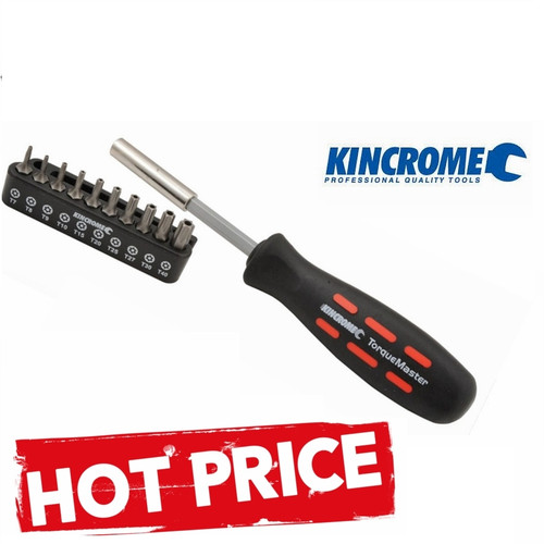 Be quick these will sell out! 
Kincrome Tamperproof Torx Driver Kit
Magnetic Bit Driver with Cushion Grip
Blade: SVCM Steel, Satin Chrome Plated, Black Tip
TorqueMaster® screwdrivers give up to 50% more turning power than conventional screwdrivers
TorqueMaster® screwdrivers feature ergonomically designed handles made from P.V.C. & rubber compound to give anti-slip and positive grip
Contents:
Bits: T7, T8, T9, T10, T15, T20, T25, T27, T30, T40
Magnetic Bit Driver x 1
