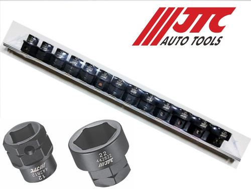 Great value JTC low profile (stubby) Impact sockets featuring extra low profile design for use in confined space, plus you can use a 1/2" Ratchet or Impact Wrench on these. You can also use a 22mm spanner or gear spanner as the lower drive end is also a 22mm hex shank!

Full Features:
Height of each socket 28mm
Black phosphate finish for corrosion resistance
Extra low profile design for use in confined spaces
Perfect for both machinery and automotive applications
Made of heat treated, durable Chrome Molybdenum Alloy Steel
Suitable for use with air/electric impact wrench or air ratchet wrench

Standards: 
ASME B107.4 / ASME B107.17 / ASME B107.110