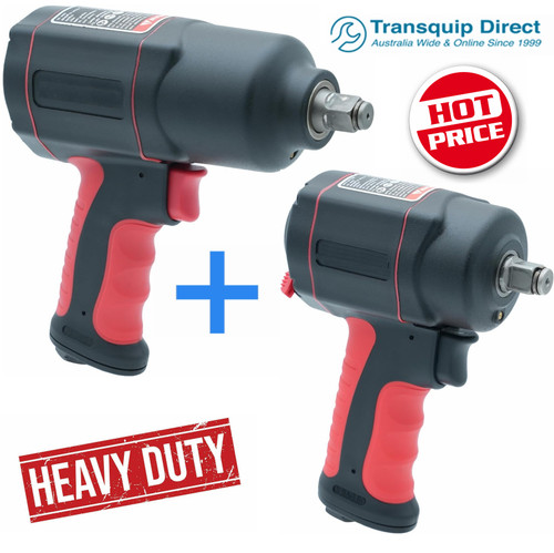These units are light, tough, durable and an absolute bargain, only while stock lasts! Plus get the Stanard Size 1180 ft.lbs/1600 N.M plus the Stubby Sized 855 ft.lbs/1200 N.M for ONE HOT PRICE!

Standard Size Features:
1180 Ft.lbs/1600 N.M of Ultimate Loosen Torque in reverse position for use with heavy trucks, fleet maintenance etc.
Powerful reliable Twin hammer impact mechanism with special heat treatment featuring hard anodized end plates and Ductile Iron air cylinder etc for high durability
3-position power regulator in Forward & Full Power at the read of the unit for conformtable control to the job right the first time.
Super Light weight (4.62lbs-2.1kgs) offering balanced compact composite housing (8.4 inch-185mm) for comfortable workin

Specs: 
Square Drive:1/2 inch
Max Loosen Torque:1180 ft.lbs/1600 N.M
Free Speed:8500 RPM
Working Pressure:6.3 to 8 bars /90 PSI to 120 PSI
Net Weight: 2.1kgs / 4.62 lbs
Air Hose (ID) 3/8 inch / 10mm
Air Inlet Size: 1/4 inch / 6.35mm

Stubby Szed Features:
Light weight (2.64lbs-1.2kgs)
Durable Jumbo hammer impact mechanism with special heat treatment
This 1/2-Inch Drive Stubby Size Air Impact Wrench offers a huge max loosening torque of 855 ft.lbs/1200.
3-position power regulator in Forward & Full Power at the read of the unit for conformtable control to the job right the first time.
It has a light weight composite housing and is very high reliable ensuring efficient bolting/unbolting with any application!
Balanced and compact composite housing (4.9 inch-125mm) for comfortable working

Specs:
Easy Control
Composite Housing
Square Drive:1/2 inch
Free Speed:12000 RPM
Withstand High Pressure Air
Versatile for tight spaces
Net Weight: 1.2kgs/2.64 lbs
Air Hose (ID) 3/8 inch/10mm
Air Inlet Size: 1/4"/6.35mm
Light weight and Compact Size
Max Loosen Torque:855 ft.lbs/1200 N.M
Working Pressure:6.3 to 8 bars/90 PSI to 120 PSI