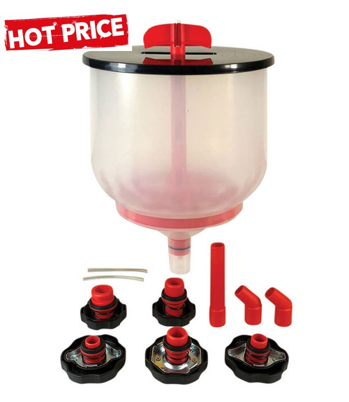 Large transparent funnel with measuring scale. 
Incl. adaptors and reducing parts suitable for a lot of  different vehicles.
For working on hard to reach areas with help of extensions with lockable cask cover to protect  incoming dust and dirt particles.. 

Suitable for cooling liquid, engine oil and windscreen  washing fluid a special mechanism avoids bubbles and allows the liquid to flow off evenly.
Elimination of Trapped Air Pockets: One of the primary functions of the Spill-Free Funnel is to eliminate trapped air pockets within your vehicle's cooling system.
