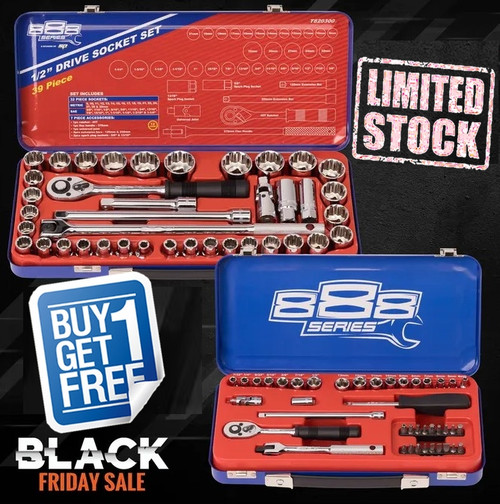 VERY limited stock! WE RUN OUT YOU MISS OUT!

You get:

1 x 888 SERIES 1/2" SOCKET SET 12PT METRIC/SAE 39PC 1/2" SOCKET SET

FEATURES
12 Point
Ideal for applications where jumbo sockets are required
Flat drive technology offers maximum contact and grip
Tough triple chrome, high polish finishes provide for an easy clean-up
Twin knurling on sockets allows for improved grip, especially useful in
oily/greasy conditions
Chrome Vanadium Steel (Cr-V) for high durability
Meets & exceeds international ANSI & DIN standard
Lifetime warranty
SET INCLUDES

Metric Sockets: 8, 10, 11, 12, 13, 14, 15, 16, 17, 18, 19, 21, 22, 24, 27, 30 & 32mm
SAE Sockets: 3/8, 7/16, 1/2, 9/16, 5/8, 11/16, 3/4, 13/16, 7/8, 15/16, 1, 1-1/16, 1-1/8, 1-3/16 & 1-1/4”
Ratchet
Flex handle
Universal joint, 125mm & 250mm
Extension bars
Spark plug sockets - 5/8” & 13/16”

1 X 888 41PCE SERIES 1/4" SOCKET SET 6PT METRIC/SAE SOCKET SET

FEATURES
6 Point
Quick release system for easy socket changes
Cushioned grip handles for operator comfort
Specially strengthened ratchet gear teeth to sustain maximum applied torque
Flat drive technology offers maximum contact and grip
Tough triple chrome, high polish finishes provide for an easy clean-up
Twin knurling on sockets allows for improved grip, especially useful in
oily/greasy conditions
Chrome Vanadium Steel (Cr-V) for high durability
Meets & exceeds international ANSI & DIN standard
Lifetime warranty
SET INCLUDES

Metric Sockets 6pt - 4, 5, 6, 7, 8, 9, 10, 11, 12 & 13mm
SAE Sockets 6pt - 7/32, 1/4, 9/32, 5/16, 3/8, 7/16 & 1/2”
Ratchet
Flex handle
Universal joint
Extension bar 150mm
Spinner handle
Coupler
Bits set - 18pc