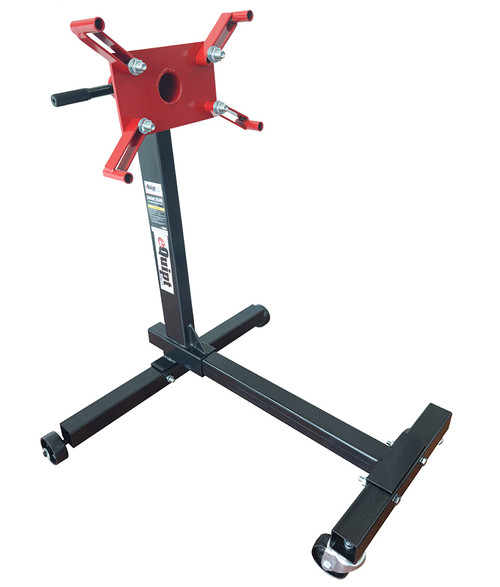 eQuipt "Designed to Deliver" 450kg Engine Stand has a 4-leg design featuring a rugged frame with a 4-hole mounting head that rotates 360°, making the unit ideal for 4 cylinder engines. When you've got an engine repair job that can’t be completed while the engine block is in the vehicle, this engine stand provides a sturdy support structure to secure the removed engine in mid-air, so you can access any part of it. Use an engine crane to remove the engine from the vehicle, then mount it to the faceplate on this engine stand.  (Previous models include product code/s; 1006, RLES450, TQES450)

Features
Rugged tubular steel frame with attractive durable finish
360 degree rotating head that locks in 8 positions
Slotted mounting head for full adjustment
Extra wide base for stability and safety
Easy knockdown and quick assembly design for storing and transporting
Large diameter wheels and castors for smooth manoeuvring
Suitable for cast iron/alloy block engines up to 4 cylinder engines

Specifications
Safe Working Capacity: 450kg
Centre Height: 780mm
Width @fixed wheels: 750mm
Width @swivel castors: 400mm
Dimensions: 760(L) x 750(W) x 860(H) mm
Weight: 21kg
Carton: 910 x 210 x 180mm

Intended Use
For safe handling and positioning of passenger car engines up to 4 cylinder during dismantling and re-assembly.

About the eQuipt brand
'eQuipt' provides workshop tools & equipment built for reliability and value, ideal for smaller workshop operations. Our “Designed to Deliver”  approach offers durable, fit for purpose tools and equipment that perform consistently. Backed by TQB Brands' 40+ years experience in the industry, 'eQuipt'  provides users with dependable gear for their workshop needs.