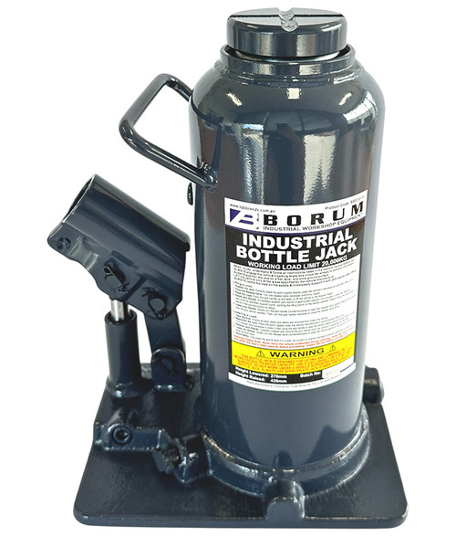 This powerful, heavy-duty Borum Industrial Hydraulic Bottle Jack with high quality glide-action pressure pump is designed for hard-hitting commercial use, making large loads easy to lift. The lightweight jack is ideal for lifting farm vehicles, heavy-duty machinery, industrial construction equipment and more. High quality, fitted with unique overload protection system and large stable base, this unit is ideal for daily use in a demanding environment.

Fitted with a safety overload valve for extra protection, the safety valve is installed between the pump and high-pressure check valve in the barrel/lift ram assembly. When attempting to raise a load greater than the jack's capacity, the safety valve opens on each pump stroke and diverts any further oil back to the reservoir thus preventing the raising of the load.

Features
Machined and polished cylinders with die-cut threads provide non-abrasive leak-free, durable performance
Fabricated from hard-cast steel with heat-treated critical stress areas
Specially designed internal hydraulics allow the jack to be operated vertically & horizontally
Unique cross-type forged release valve assures positive load control
Overload protection built into the hydraulic system ensures user safety
3-piece galvanised steel handle allows for easy & compact storage

Specifications
Safe Working Capacity: 20,000kg
Minimum Height: 270mm
Maximum Height: 420mm
Handle: 3-piece galvanised steel
Carton: 231L x 182W x 294H mm
Gross Weight: 12.6kg
