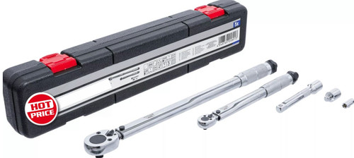 Reversible ratchet function
Suitable for cars, motorcycles and bicycles
The set torque is fixed by means of a locking screw for setting the torque on screw connections with right-hand thread click signal when torque is reached.
Comes in blow mould storage case
Number of teeth ratchet head: 24
Release accuracy: +/- 4%

Contents:
Torque wrench, external square drive 12.5 mm (1/2"), 28 - 210 Nm, length 470 mm
Torque wrench, external square drive 6.3 mm (1/4"), 5 - 25 Nm, length 265 mm
Adaptor, internal square 12.5 mm (1/2"), external square 10 mm (3/8")
Bit adaptor, internal hexagon 6.3 mm (1/4"), internal square 6.3 mm (1/4")
Extension bar 125 mm, 12.5 mm (1/2")