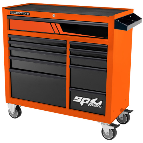 FEATURES
Heavy-duty, high-quality steel box frame and drawer construction
Stainless steel work top with a non-slip rubber mat
Double drawer bank with full length deep top drawer
2x deep bottom drawers for storing cordless tools
1x extra deep bottom drawer for storing larger tools and equipment
Heavy duty 28 ball bearing drawer slides with full drawer extension
Internal locking system keeps your tools secure with one turn of the key
Heavy duty premium quality castors - 2x fixed and 2x Swivel (Lockable)
UV stabilised double powder coating - resists scratching and fading

DIMENSIONS
ROLL CAB DIMENSIONS: (mm)
1070w x 480d x 910h (1070h with castors)

DRAWER DIMENSIONS: (mm)
2x Drawers: 313w x 405d x 54h
1x Drawer: 313w x 405d x 83h
2x Drawer: 313w x 405d x 199h
2x Drawers: 570w x 405d x 54h
1x Drawer: 570w x 405d x 83h
1x Drawer: 570w x 405d x 112h
1x Drawer: 570w x 405d x 286h
1x Drawer: 937w x 405d x 130h

LOAD WEIGHTS
TOTAL ROLL CAB LOAD WEIGHT (Maximum)
800Kg (200kg per castor)

DRAWER LOAD WEIGHTS (Per Drawer)
Top drawer load weight: 80Kg
Standard drawer load weight: 40Kg
Bottom drawers load weight: 80Kg

SPECIFICATIONS
RANGE SERIES	Custom Series - Workshop

CONSTRUCTION	
High quality, heavy gauge steel 

WORK TOP	Steel with rubberised textured mat
DRAWERS	11
TOP DRAWER	Full length - deep
BOTTOM DRAWER	Extra deep
DRAWER EXTENSION	Full extension
SP CLIKLOK DRAWER LOCKING SYSTEM	No
DRAWER LINERS	11

DRAWER SLIDES	
28 ball bearings - Heavy duty

DRAWER LOAD	
40kg - per standard drawer

80kg - per deep drawer
DRAWER BANK	Double + side cabinet
LOCKABLE	Full internal locking system
CASTOR TYPE	Heavy duty premium
CASTOR LOAD	200Kg per castor
ROLL CAB TOTAL MAX LOAD	800Kg
FINISH	UV Stabilised double powder coat
WEIGHT	116.5kg