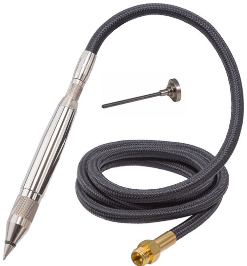 SPECIFICATIONS
Weight: 0.40 kg
Hose Length: 1.43m
Avg Air Cons.: 1.0 cfm
Inlet: 1/4" Male thread
Recommended air pressure: 90psi

FEATURES
Tungsten Carbide Stylus.
Comes complete with medium point stylus & Fine point Stylus
Percussion engraver for marking steel or aluminium.
Fine and wide point engraving stylus also available