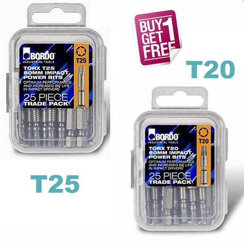TorxÂ® head fasteners are ideal for fast, efficient installation & removal.
Cam-out is virtually eliminated due to the vertical sidewalls and reduced recess fallaway, and torque transfer is improved by the large cross-sectional areas of the six lobes.
The Bordo range of Impact Bits are designed and manufactured for optimum performance in modern impact drivers.
Not only do they offer significantly increased bit life in impact applications but they also offer exceptional performance in standard driving usage.
The impact driver action places high peak torque demands on both insert and power bits.
Our range features a uniquely engineered torsion zone with multi-stage hardening and tempering.
Strongly magnetised for superior fastener holding.
The universal 1/4" hex shank is suitable for use in most power tools and quick change adaptors/extensions.