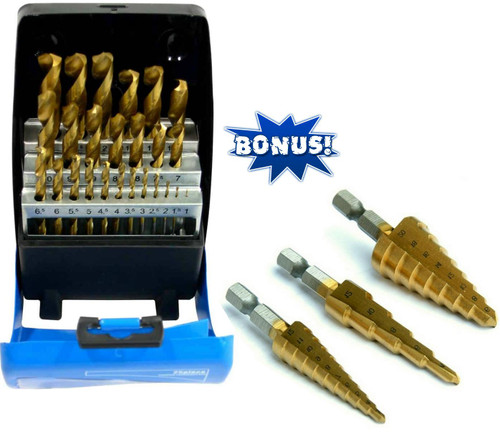 RED HOT value here offering the reliability of Titanium Nitride Coated HSS Drills up to 13mm PLUS a bonus set of Titanium Nitride Coated Step Drills.
Features:
Both sets feature Titanium Nitride Coated Hardened tungsten steel. 
Step Drills with Dual Flute cutting head. Equivalent to 23 pce set.
Uses:
Ideal for panel drilling.
Auto de-burrs the holes.
You get:
13Pce HSS titanium coated contents:
1, 1.5, 2, 2.5, 3, 3.5, 4, 4.5, 5, 5.5, 6, 6.5, 7, 7.5, 8, 8.5, 9, 9.5, 10,
10.5, 11, 11.5, 12, 12.5 & 13mm
Titanium Nitride Coated Step Drills.
Quick-change ¼” HEX bits. 
Popular sizes 3mm to 20mm in three different bits.