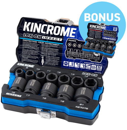 Be quick these will sell out for sure, get the METRIC & IMPERIAL sets for the price of one!  NOTE: DUE TO THE CLEARANCE PRICE SHIPPING COST IS FOR METRO AREAS ONLY! IF YOU ARE IN ANY OTHER REGION PLEASE EMAIL US FOR A SHIPPING COST!

Features
6 positive stop position hex sockets
Ideal for fastening and loosening of nuts and bolts these sockets are designed and tested to last
LOK-ON™ Impact Sockets are fully impact rated and designed for extreme torque applications. I.e. Use of Air, Cordless or Powered Tools.
LOK-ON™ Socket Set tins have been designed in Australia, pushing all manufacturing limitations to bring a unique style to an otherwise generic industry.
All LOK-ON™ Socket Sets include industry leading and highest quality custom EVA foam trays that includes a hard shell surface with clearly marked sizing

You get:
Contents
• 12 LOK-ON™ Impact 3/8” Drive Metric Sockets: 8, 10, 11, 12, 13, 14, 15, 16, 17, 18, 19, 21mm
• 12 LOK-ON™ Impact 3/8” Drive Imperial Sockets: 1/4, 5/16, 3/8, 7/16, 1/2, 9/16, 5/8, 11/16, 3/4, 13/16, 7/8, 15/16”
• 2 x LOK-ON™ Fastener Punch

Specifications
Brand KINCROME
Drive 3/8"
Impact Sockets Yes
Measurement System Metric & Imperial
Pieces 24
Range LOK-ON
Warranty Lifetime Guarantee
Material Chrome Molybdenum (42 Cr-Mo4 - Impact Grade)